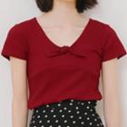 Short-sleeve V-neck Bow-front T-shirt / Dotted Midi A-line Skirt
