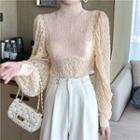 Lace Mock-neck Long-sleeve Top / Plain High-waist Pants