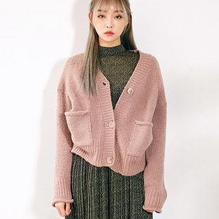 V-neck Dual-pocket Wool Blend Cardigan