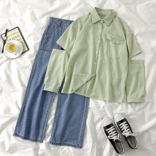 Long-sleeve Cutout Shirt / Straight-cut Jeans