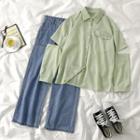 Long-sleeve Cutout Shirt / Straight-cut Jeans
