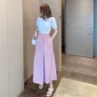 Puff-sleeve Square Neck Lace Top / High-waist Wide Leg Cropped Pants