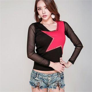 Tulle-sleeve Star Print Top