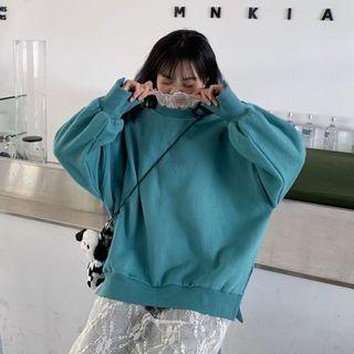 Long-sleeve Plain Sweater Aqua Blue - One Size