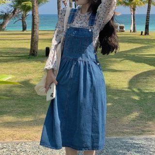 Long-sleeve Floral Print Chiffon Top / Midi A-line Denim Overall Dress
