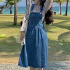 Long-sleeve Floral Print Chiffon Top / Midi A-line Denim Overall Dress