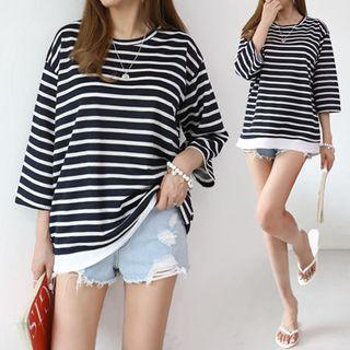3/4-sleeve Layered-hem Stripe T-shirt