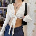 Bell-sleeve Lettering Tie-front Crop Top