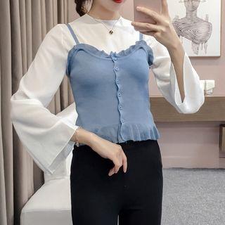 Set: Long-sleeve Chiffon Top + Knit Camisole