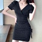 Short-sleeve Drawstring Dotted Sheath Dress