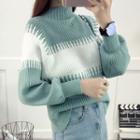 Color Panel Mock Neck Ribbed Sweater
