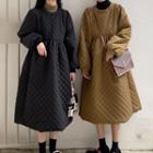 Balloon-sleeve Quilted Midi A-line Dress