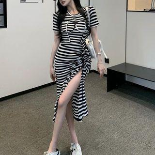 Short-sleeve Striped Slit Midi Sheath Dress