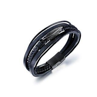 Simple Personality Plated Black Feather 316l Stainless Steel Multi-layer Leather Bracelet Silver - One Size