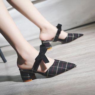 Bow Plaid Block Heel Mules