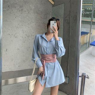 Set: Mini A-line Shirt Dress + Belt Dress - Blue - One Size / Belt - Pink - One Size