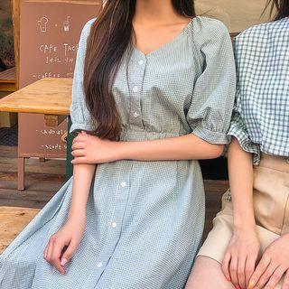 Puff-shoulder Button-front Checked Dress