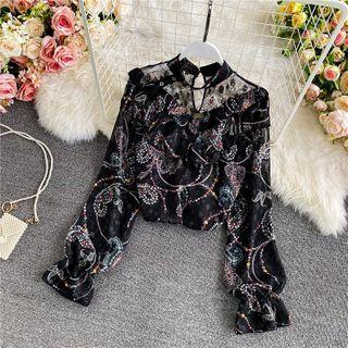 Mesh Panel Floral Print Bell-sleeve Shirt