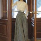 Long-sleeve Frill Trim Chiffon Blouse / Plaid Midi A-line Skirt / Set