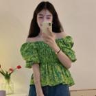 Off-shoulder Short-sleeve Ruched Floral Blouse Green - One Size