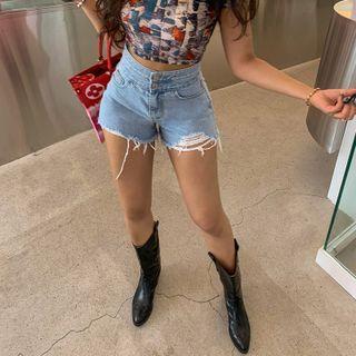 Double-button Fringed Denim Shorts