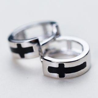 925 Sterling Silver Cross Mini Hoop Earring 1 Pair - S925 Silver - Earrings - Black & Silver - One Size