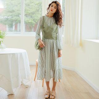 Set: Long-sleeve Midi A-line Chiffon Dress + Camisole
