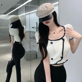 Short-sleeve Cropped Cardigan / Slit Pants