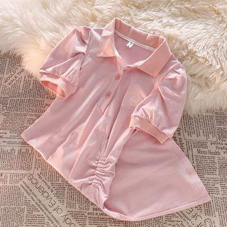 Short-sleeve Embroidered A-line Polo Dress Pink - One Size
