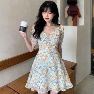 Puff-sleeve Ruched Cutout-back Floral Mini A-line Dress