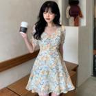 Puff-sleeve Ruched Cutout-back Floral Mini A-line Dress