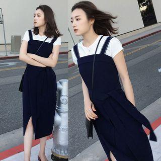 Set: Crew-neck Short-sleeve T-shirt + Side Slit Sleeveless Midi Dress