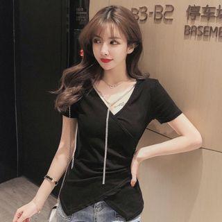 Short-sleeve V-neck Irregular T-shirt