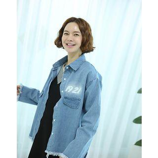 Glowing Letter Print Frayed Denim Shirt