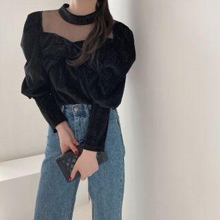 Stand-collar Mesh Panel Velvet Shirt