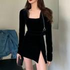 Long-sleeve Square-neck Slit Mini Sheath Dress