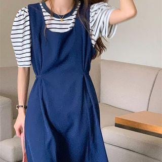Set: Short-sleeve Striped T-shirt + Overall Dress