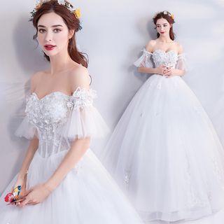 Elbow-sleeve Off-shoulder A-line Wedding Gown