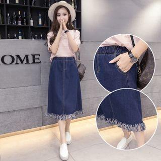 High Waist Denim Midi A-line Skirt