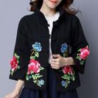 Flower Embroidered 3/4 Sleeve Cropped Coat