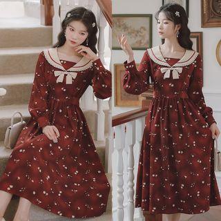 Long-sleeve Sailor Collar Patterned Midi A-line Dress