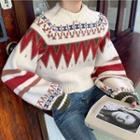 Long-sleeve Print Cropped Knit Sweater Sweater - One Size