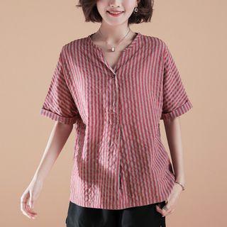 Short-sleeve Striped Linen Top