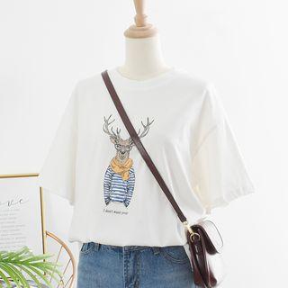 Short-sleeve Deer Print T-shirt White - One Size