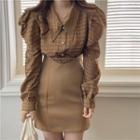 Long-sleeve Check Blouse / Faux Leather Mini Pencil Skirt