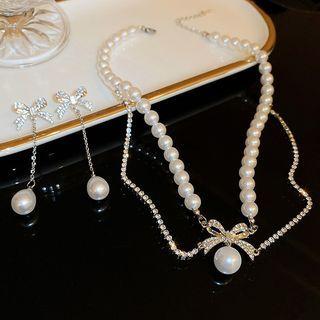 Bow Rhinestone Faux Pearl Dangle Earring / Pendant Choker