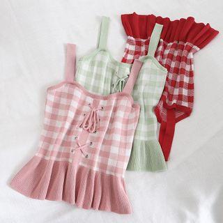 Spaghetti Strap Plaid Knit Top