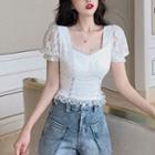 Puff-sleeve Lace Ruffled Drawstring Side Blouse As Shown In Figure - One Size