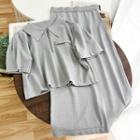 Set: Short-sleeve Zip Knit Polo Shirt + A-line Midi Skirt