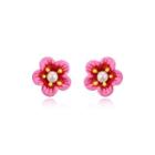 Fashion And Elegant Plated Gold Pink Flower Enamel Earrings With Imitation Pearls Golden - One Size